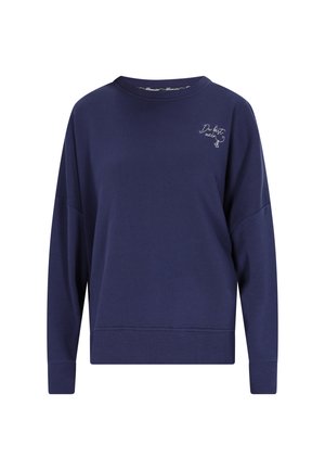 Marineblaues Sweatshirt mit Rundhalsausschnitt, überschnittenen Schultern und gerippten Bündchen. Mit "Du bist mein" in Weiß auf der Brust gestickt.