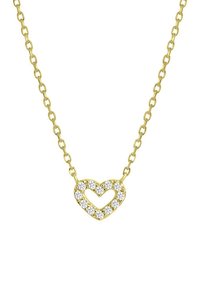 Gouden ketting met een hartvormige hanger bezet met sprankelende kristallen. De hanger heeft een holle center, wat de visuele diepte vergroot.