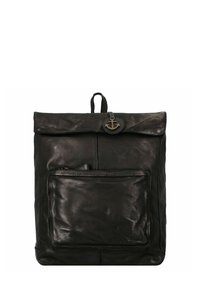 Zaino in pelle nera con parte superiore arrotolabile, dotato di tasca frontale con zip e un'emblema a forma di ancora. Texture liscia con finitura opaca.