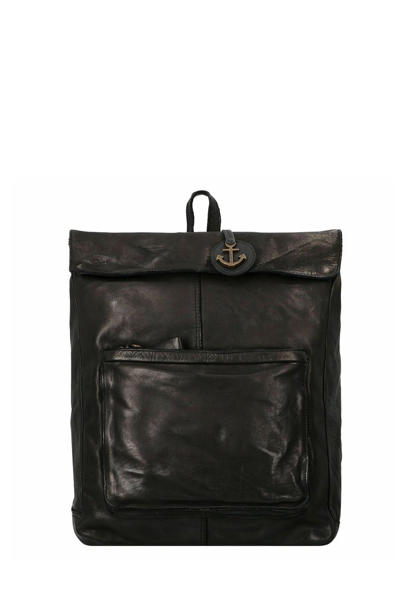 Zaino in pelle nera con parte superiore arrotolabile, dotato di tasca frontale con zip e un'emblema a forma di ancora. Texture liscia con finitura opaca.