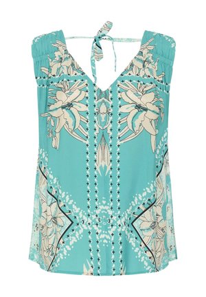 Turkizno modra majica na vrat z bež cvetličnim potiskom, nabranimi ramenčki in zavezovanjem na vratu.