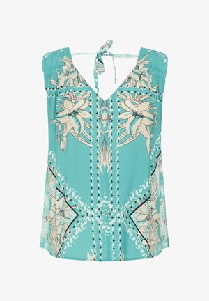 Turquoise halter top with beige floral print, gathered shoulders, and a tie closure at the neck.