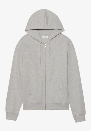 Gray zip-up hoodie made of soft fabric, featuring a spacious hood, two front pockets, and ribbed cuffs and hem.