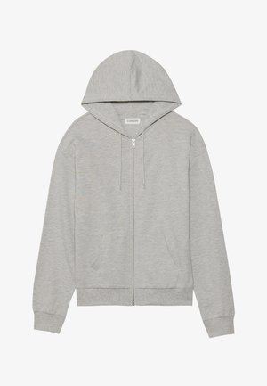 Grijze zip-up hoodie van zacht materiaal, met een ruime capuchon, twee voorzakken en ribgebreide manchetten en zoom.