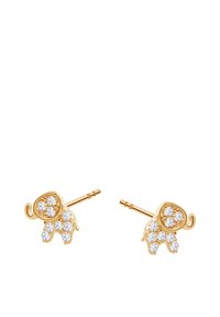 Złote kolczyki w kształcie słoni zdobione lśniącymi, przezroczystymi kryształami. Każdy kolczyk charakteryzuje się misternymi detalami i gładką teksturą.