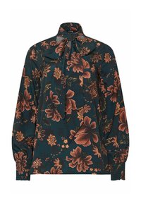 Donkerblauwe blouse met een bloemenpatroon in roest- en goudtinten. Heeft een hoge hals en strikdetail, lange mouwen met gevoegde manchet. 