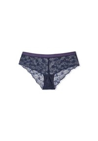 Slip hipster da donna in pizzo blu navy con motivo floreale e elastico in vita su sfondo bianco.