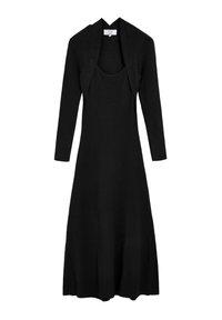 Vestido negro de punto con mangas largas y escote redondo, con cuerpo ajustado y dobladillo acampanado para una silueta fluida.