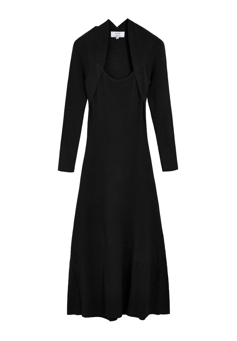 Vestido negro de punto con mangas largas y escote redondo, con cuerpo ajustado y dobladillo acampanado para una silueta fluida.