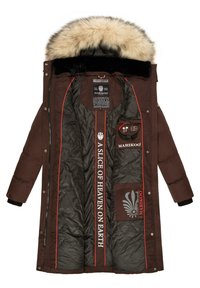 Brown insulated parka with a fur-lined hood, featuring a quilted black interior, red accents, and multiple pockets.