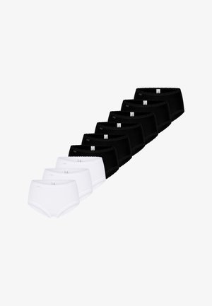 Ensemble de huit culottes, quatre blanches et quatre noires, avec un bord en dentelle et une texture lisse. Chacune porte une étiquette de marque visible sur la ceinture.