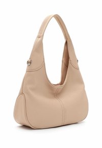 Persiku krāsa ādas rokassomi ar izliekta formu, vienu rokturi un redzamām dūrienu detaļām. Iekļauj iezaudējumu un maigu izskatu.