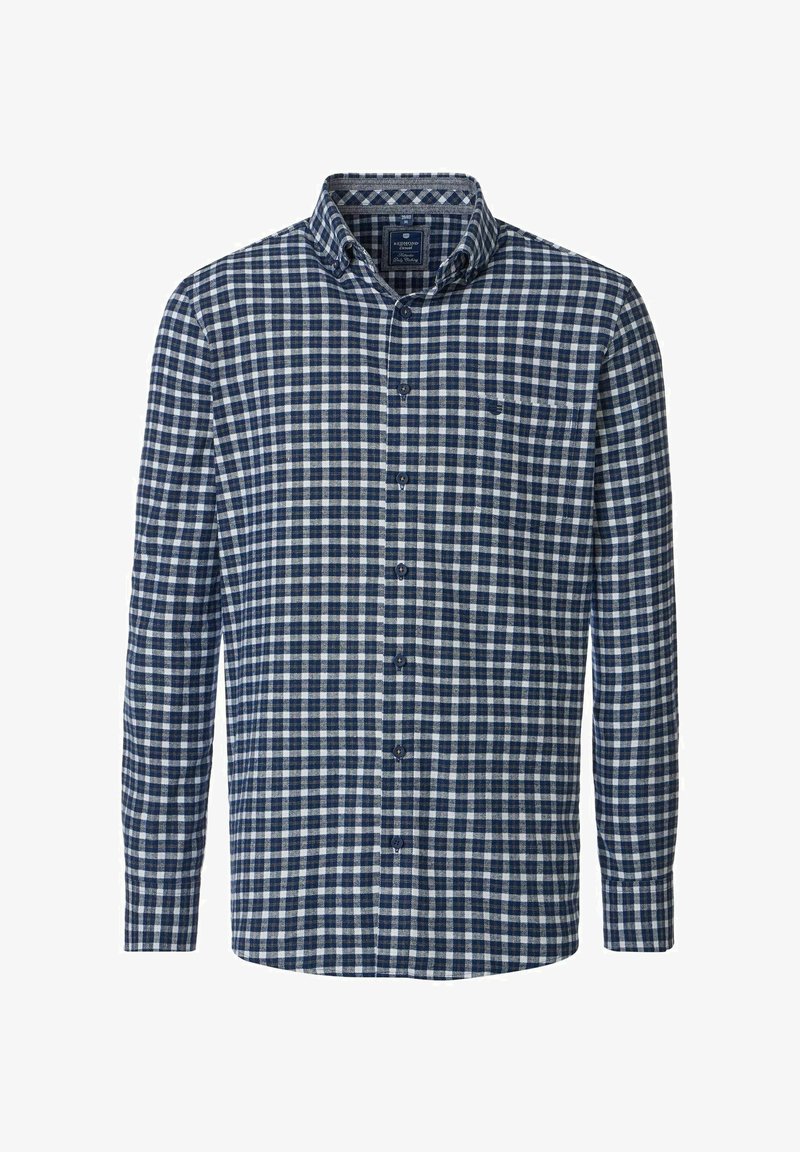 Granatowa i biała koszula w kratę z długimi rękawami, kołnierzykiem i kieszenią na piersi. Materiał ma teksturowany wygląd.