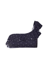 En-skulder bikini topp i mørk marineblå med hvite prikker, med rynkede detaljer på skulderen og glatt stoffkvalitet.