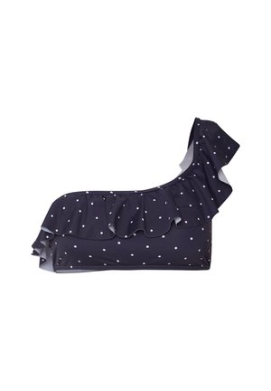 Haut de bikini une épaule en marine foncé avec des pois blancs, présentant une bordure volante sur l'épaule et une texture de tissu lisse.