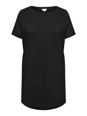 Zwart T-shirt met korte mouwen en ronde hals, met een afgeronde zoom, tentoongesteld op een witte achtergrond.