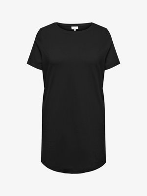 Sort T-shirt med korte ærmer og rund hals, med buet kant, vist på en hvid baggrund.