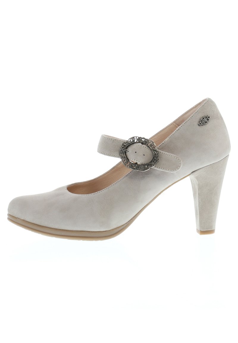 Gray suede Mary Jane pump with a rounded toe, mid-height heel, and a decorative metallic buckle on the strap. Smooth texture and minimal design.