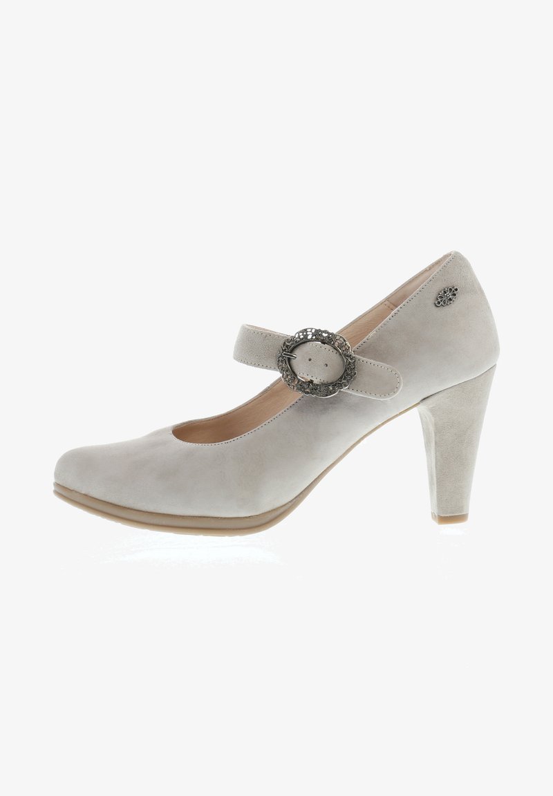 Graue Wildleder-Mary-Jane-Pumps mit runder Spitze, mittelhohem Absatz und einer dekorativen metallischen Schnalle am Riemen. Glatte Textur und minimalistisches Design.