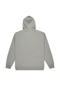 Sudadera con capucha gris hecha de material suave; cuenta con mangas largas, una capucha y puños y dobladillo acanalados. Parte trasera lisa sin detalles adicionales.