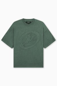 Green cotton t-shirt with a relaxed fit, featuring an embossed logo inside an oval on the front. Short sleeves and a crew neckline.