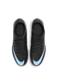 Black athletic shoes with a smooth texture, featuring sky blue accents and traditional lacing system. Designed for performance and comfort.