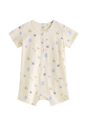 Kermanvärinen vauvojen haalari, jossa on lyhyet hihat, etupuolen napit sekä sinisiä merieläin- ja hiekkalinnojen kuvia.