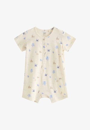 Babyheldragt i cremefarve med korte ærmer, knapper foran og print af blå havdyr og sandslotte.