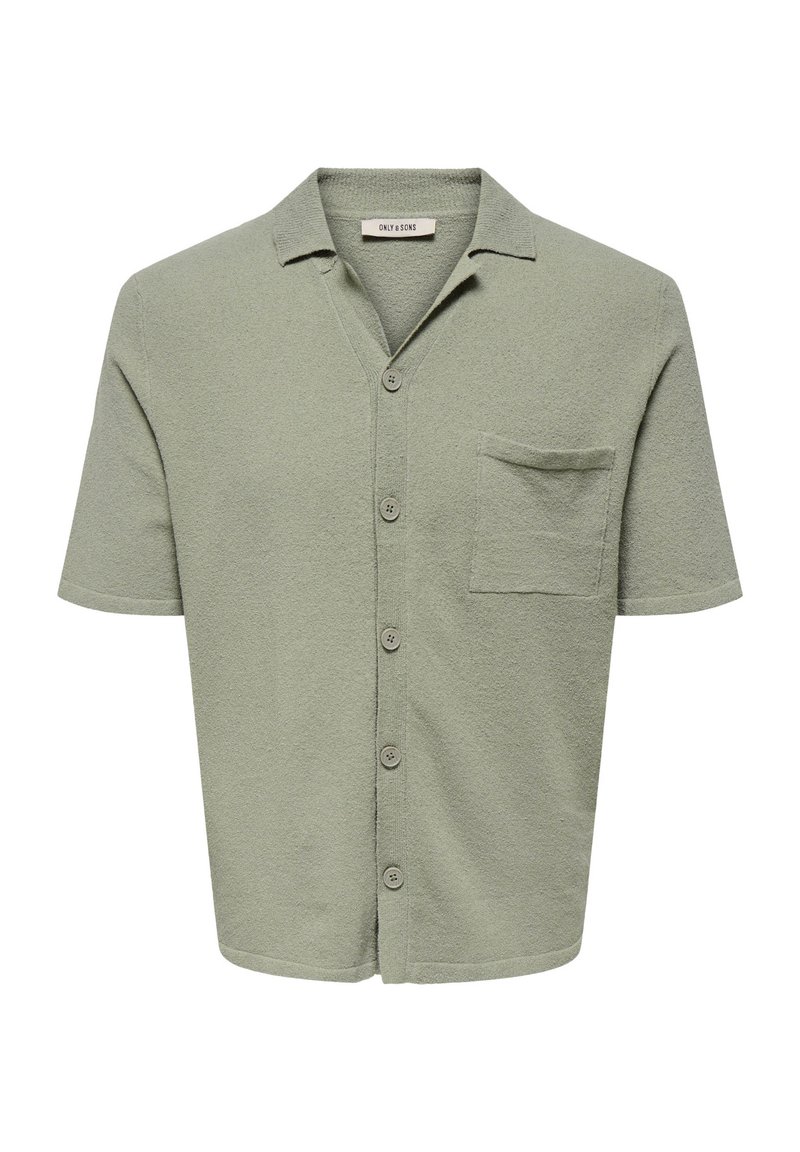 Kurzarmhemd mit Kragen aus hellgrünem strukturiertem Stoff. Verfügt über eine Brusttasche und fünf Knöpfe auf der Vorderseite.