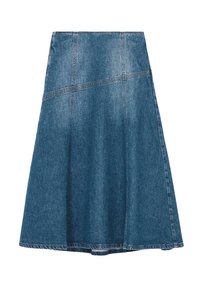 Denim rok in donkerblauw, met een uitlopende design, versterkte stiksels en een ruwe zoom met subtiele textuurdetails.