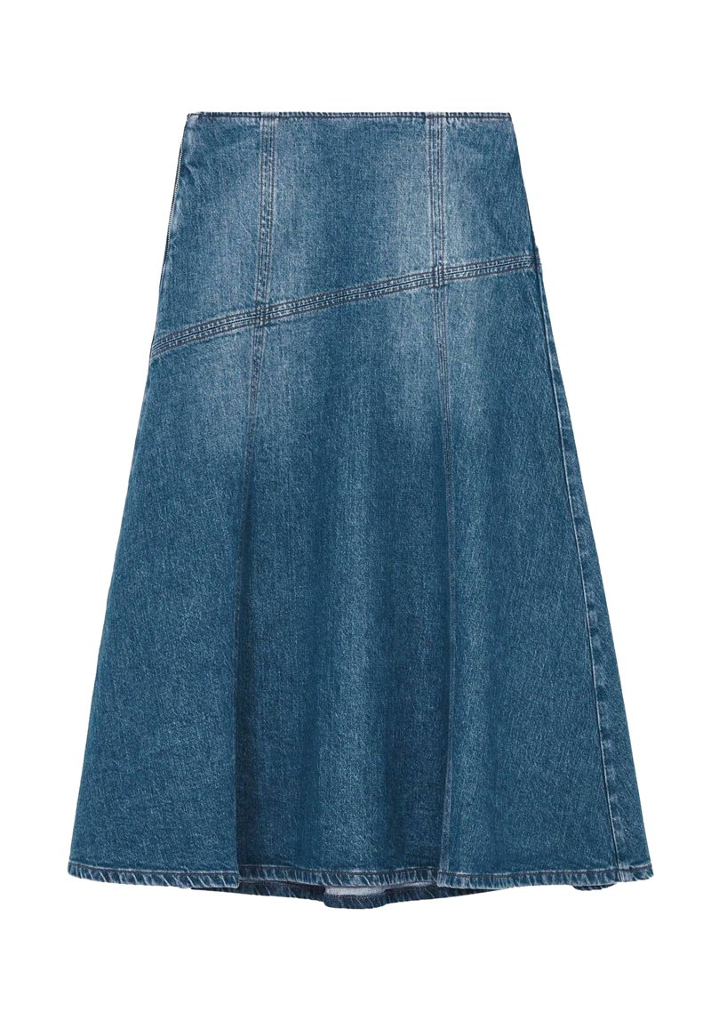 Fustă din denim de culoare albastru închis, cu un design evazat, cusături întărite și tiv brut, având detalii subtile de textură.