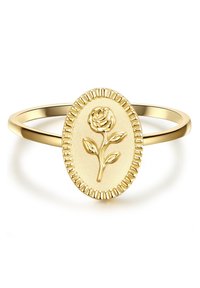 Anello in oro con un centro ovale a forma di rosa, banda testurizzata con bordo a righe. Superficie liscia con un motivo in rilievo di rosa e foglie.