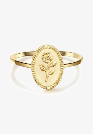 Anillo de oro con una pieza central ovalada con forma de rosa, banda texturizada con un borde estriado. Superficie suave con un diseño grabado de rosa y hojas.