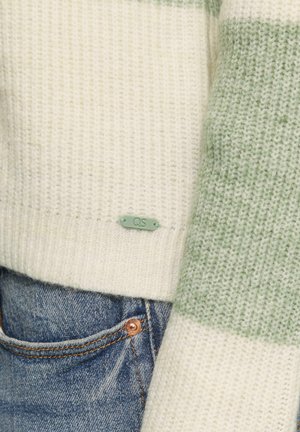 Pull en tricot avec des rayures vert clair et crème, texture côtelée, et une petite étiquette QS sur l'ourlet, associé à un jean en denim bleu.