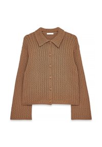Light brown knitted cardigan with a collared neck, button closure, and open knit texture. Features long sleeves and a cropped design.