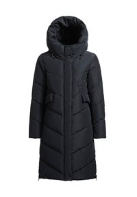 Pikk must sulejope kõrge krae ja kapuutsiga, millel on diagonaalsed tikitud mustrid, esitaskud ja lukuga rinnatasku.