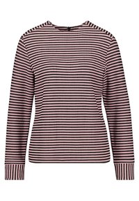 Langärmliges gestreiftes Oberteil mit horizontalen rosa und schwarzen Streifen, gerippten Manschetten und einem runden Ausschnitt mit einem Reißverschluss im Rücken.