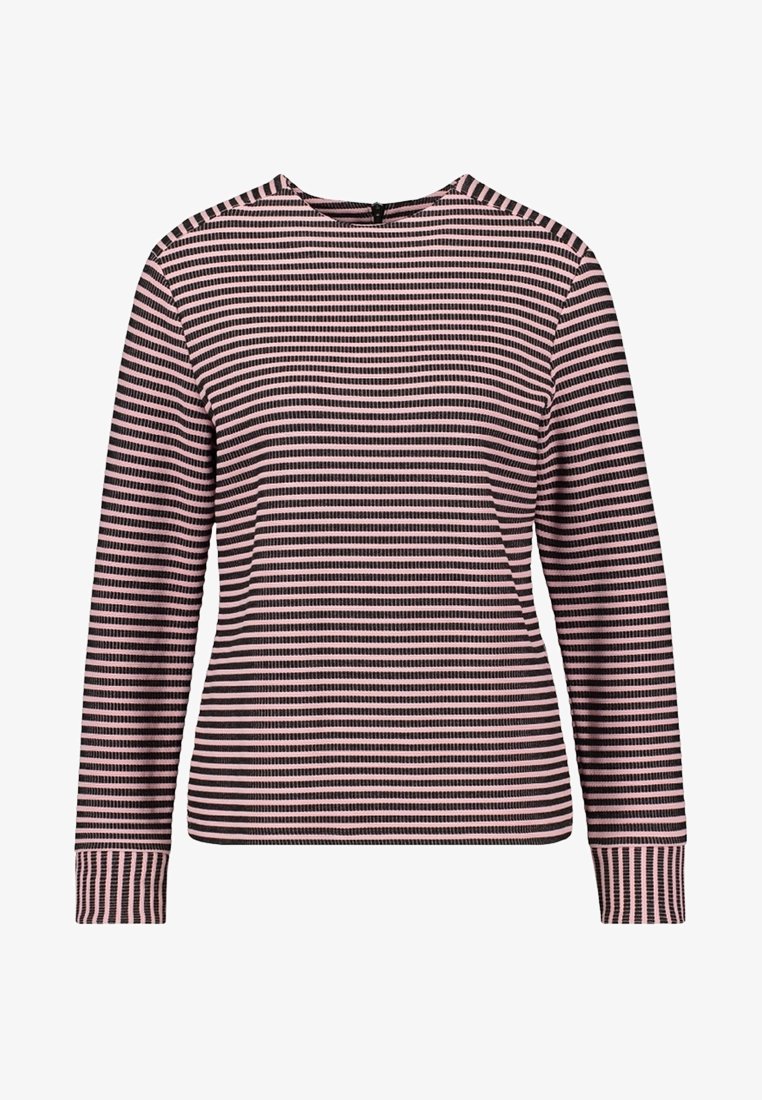 Long-sleeve striped top featuring horizontal pink and black stripes, ribbed cuffs, and a round neckline with a back zipper detail.