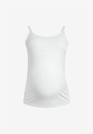 Top de maternitate alb, cu bretele subțiri, dintr-un material moale, cu o croială ajustată și un tiv ușor curbat, conceput pentru a se adapta unui burtă în creștere.