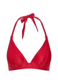 Czerwony top bikini z wiązaniem na szyi, trójkątnymi miseczkami, marszczonymi detalami oraz gładką, błyszczącą teksturą.