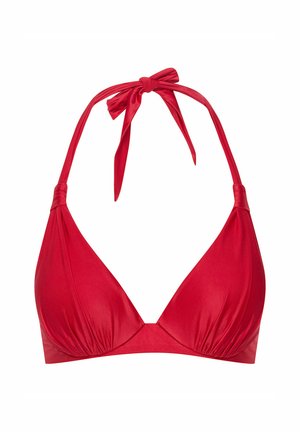 Czerwony top bikini z wiązaniem na szyi, trójkątnymi miseczkami, marszczonymi detalami oraz gładką, błyszczącą teksturą.