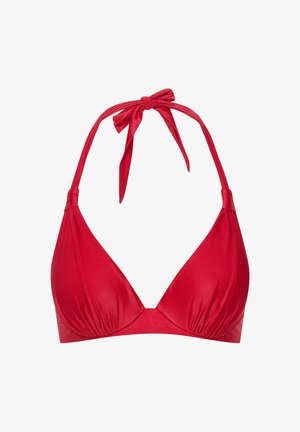 Czerwony top bikini z wiązaniem na szyi, trójkątnymi miseczkami, marszczonymi detalami oraz gładką, błyszczącą teksturą.