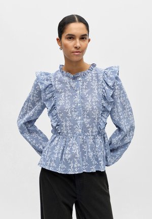 OBJCIARA FRILL TOP - Blouse - dark denim checks white