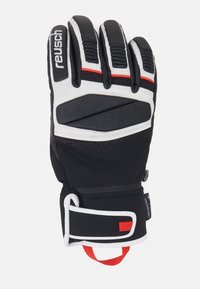 Black winter glove with white accents and red detail. Features padded palm, textured grip, and adjustable wrist strap for a secure fit.
