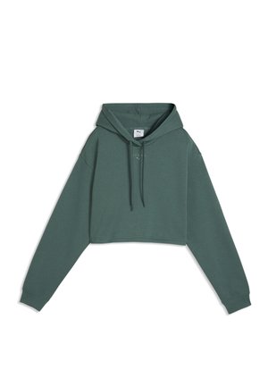 Sweat à capuche court vert foncé avec manches longues, cordons à l'avant et petit logo sur la poitrine.