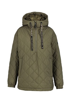 Olive green quilted hooded jacket with front zipper, elastic cuffs, and drawstrings printed with text "Established in 1996."