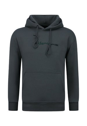 Donkergrijze hoodie met voorzak en trekkoorden, met subtiele geborduurde tekst op de borst.
