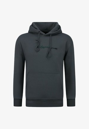 Donkergrijze hoodie met voorzak en trekkoorden, met subtiele geborduurde tekst op de borst.