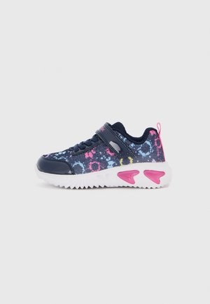 Navy sneaker with a mesh upper featuring a colorful abstract pattern, velcro closure, and white rubber sole with pink accents.