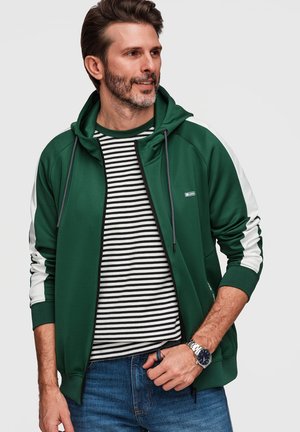 Homme portant un sweat à capuche vert avec des bandes blanches sur les manches, une chemise rayée noire et blanche, un jean bleu et une montre-bracelet, regardant sur le côté.